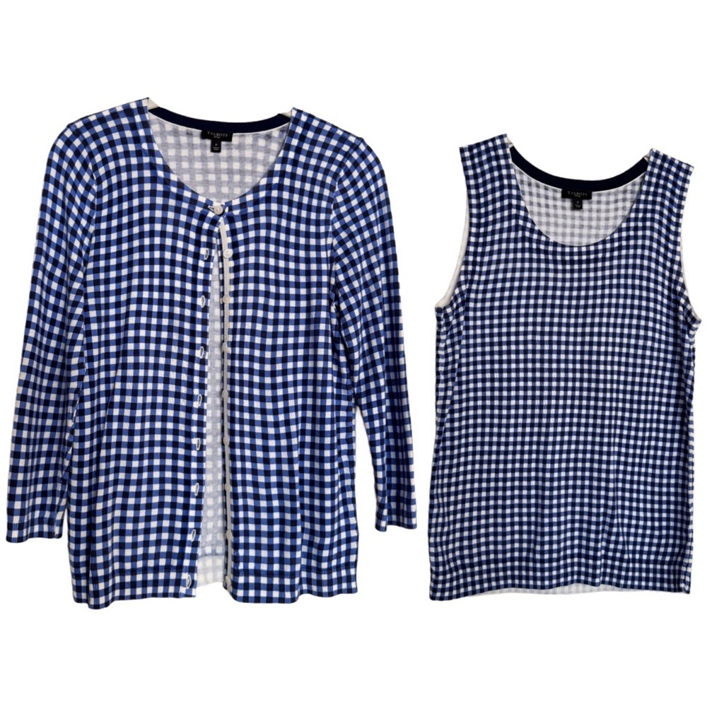 Talbots Cardigan Sweater Top 2 Pc SET Petite P 3/4 Sleeves Blue White Checkered